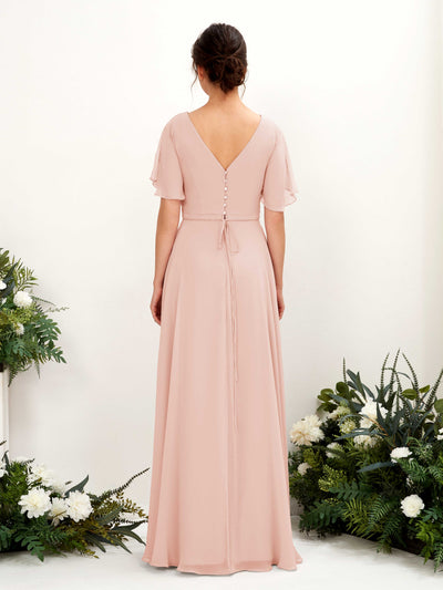 Carlyna Daphne A-Line Pearl Pink Bridesmaid Dress Maxi Short Sleeve V-Neck Dress Back View #color_pearl-pink