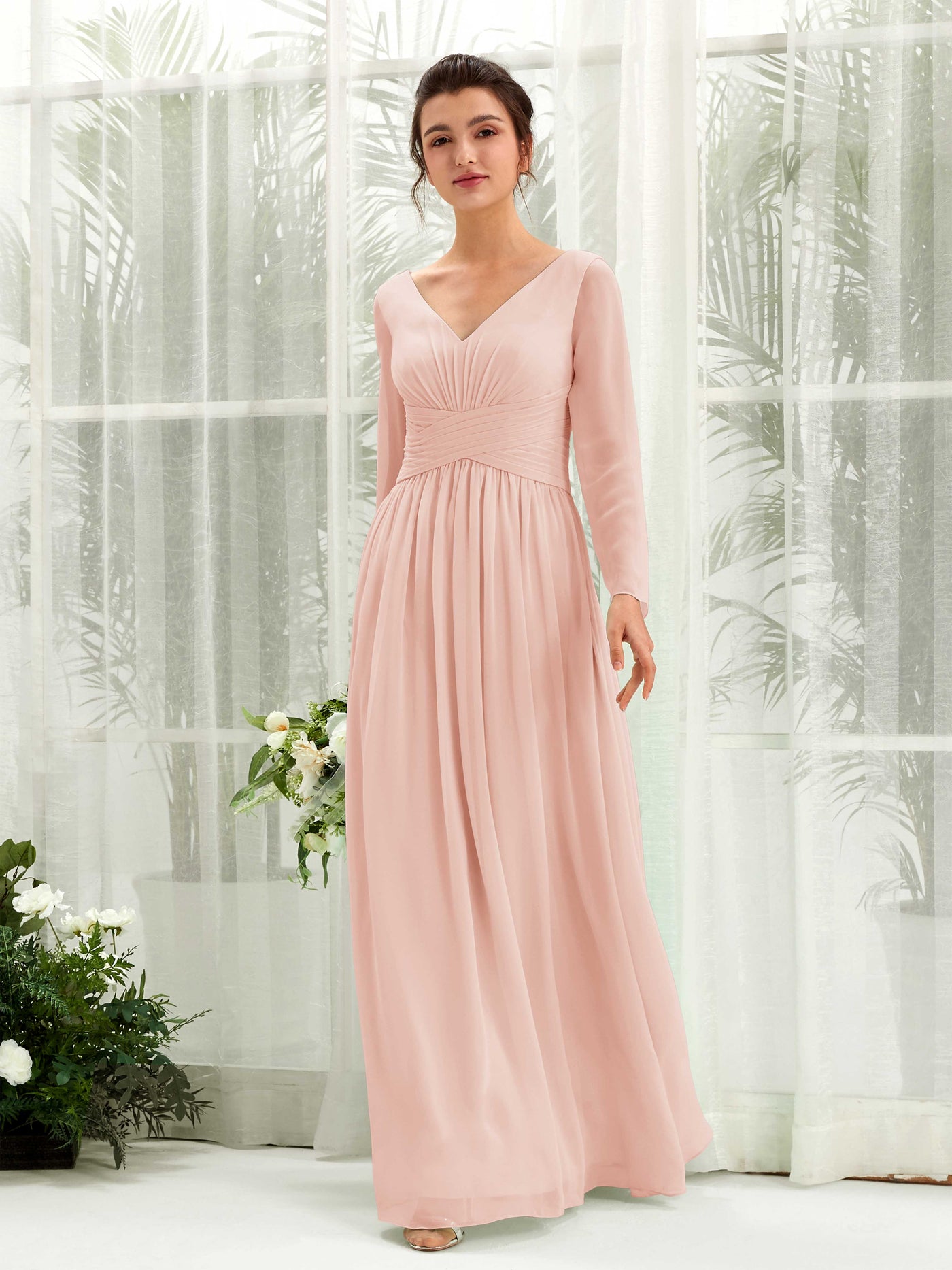 Ball Gown V-neck Long Sleeves Chiffon Bridesmaid Dress - Pearl Pink (81220308)#color_pearl-pink
