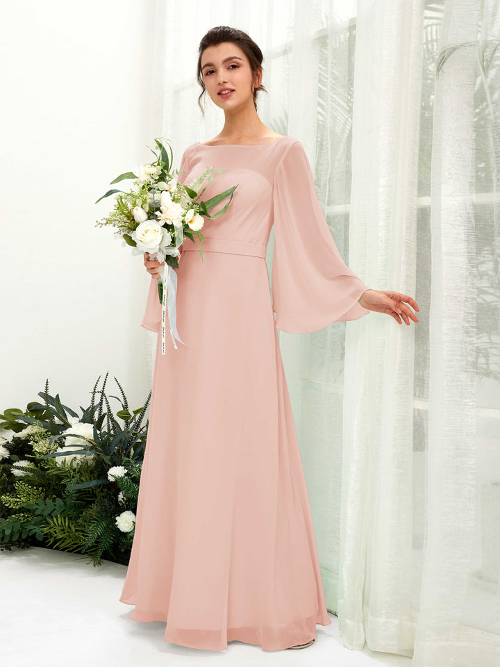 Bateau Illusion Long Sleeves Chiffon Bridesmaid Dress - Pearl Pink (81220508)