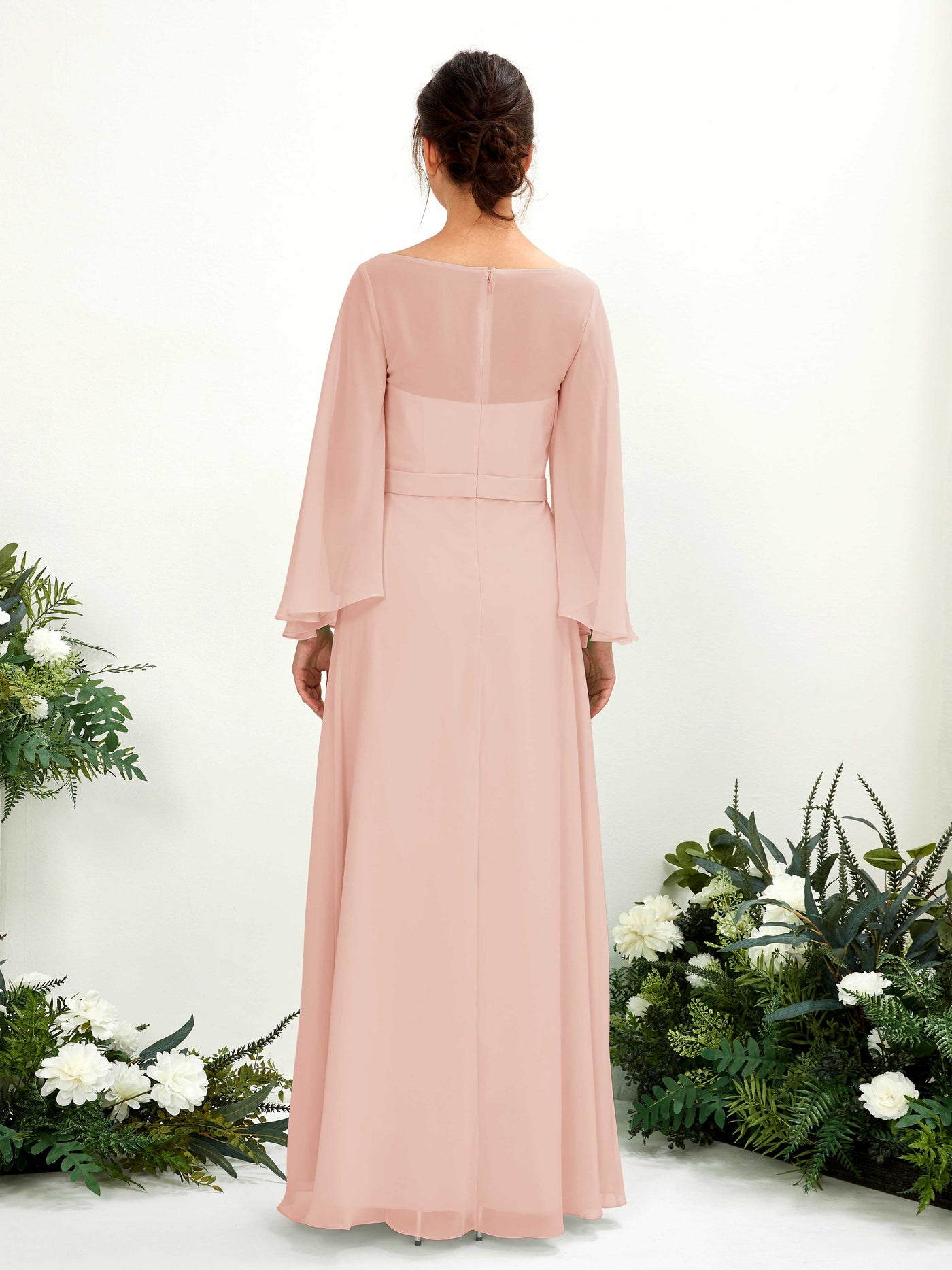 Bateau Illusion Long Sleeves Chiffon Bridesmaid Dress - Pearl Pink (81220508)#color_pearl-pink