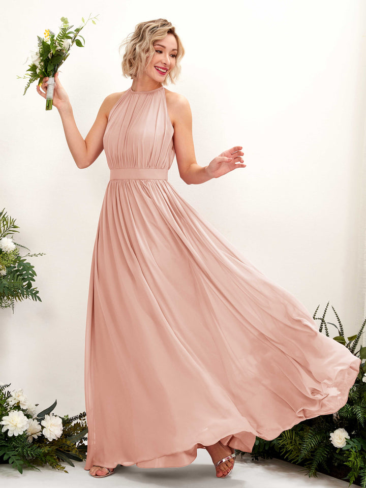 Halter Sleeveless Chiffon Bridesmaid Dress - Pearl Pink (81223108)
