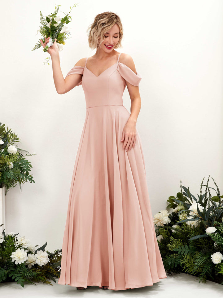 Off Shoulder Straps V-neck Sleeveless Chiffon Bridesmaid Dress - Pearl Pink (81224908)