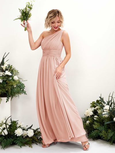 Carlyna Flaze A-Line Pearl Pink Bridesmaid Dress Maxi Sleeveless One Shoulder Dress Front View #color_pearl-pink