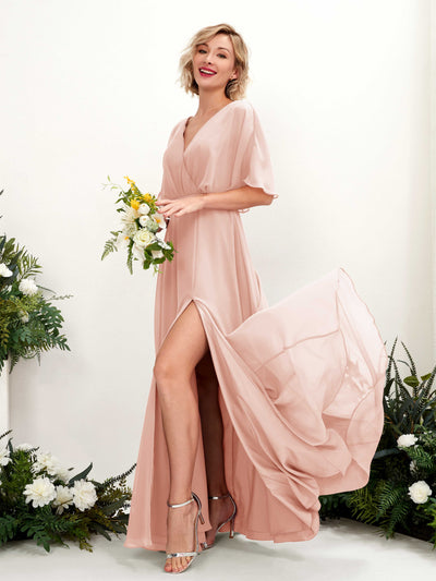 Carlyna Dhea A-Line Pearl Pink Bridesmaid Dress Maxi Short Sleeve V-Neck Dress Front View #color_pearl-pink