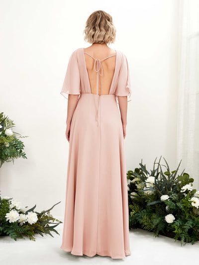 Carlyna Dhea A-Line Pearl Pink Bridesmaid Dress Maxi Short Sleeve V-Neck Dress Back View #color_pearl-pink