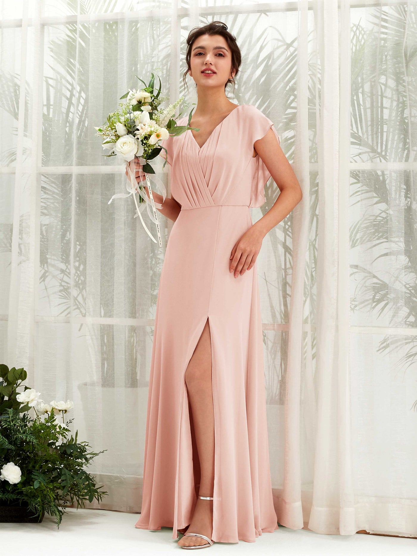 V-neck Cap Sleeves Bridesmaid Dress - Pearl Pink (81225608)#color_pearl-pink