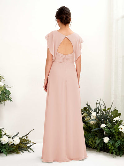 Carlyna Annie A-Line Pearl Pink Bridesmaid Dress Maxi Cap Sleeve V-Neck Dress Back View #color_pearl-pink