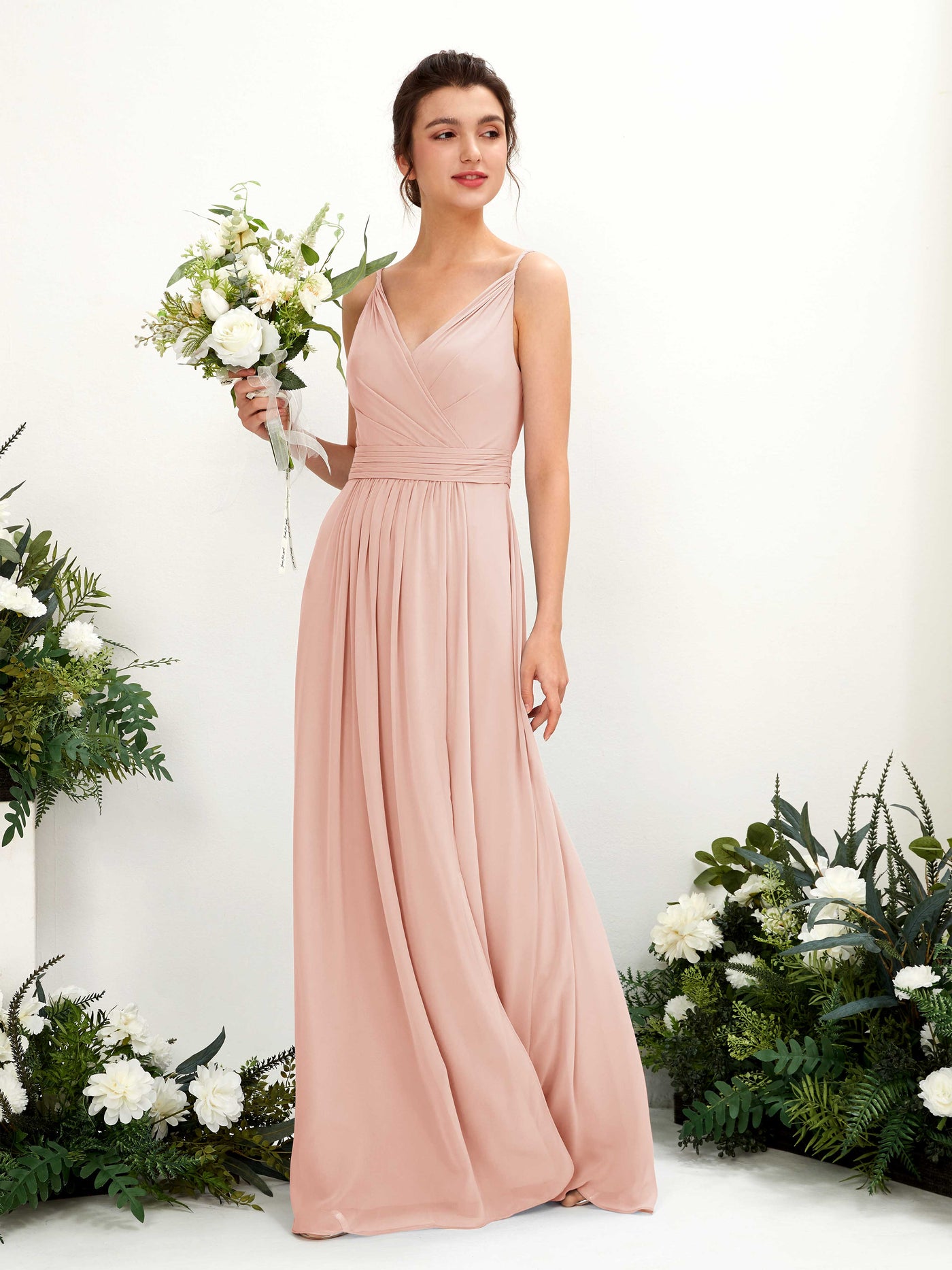 Spaghetti-straps V-neck Sleeveless Bridesmaid Dress - Pearl Pink (81223908)#color_pearl-pink