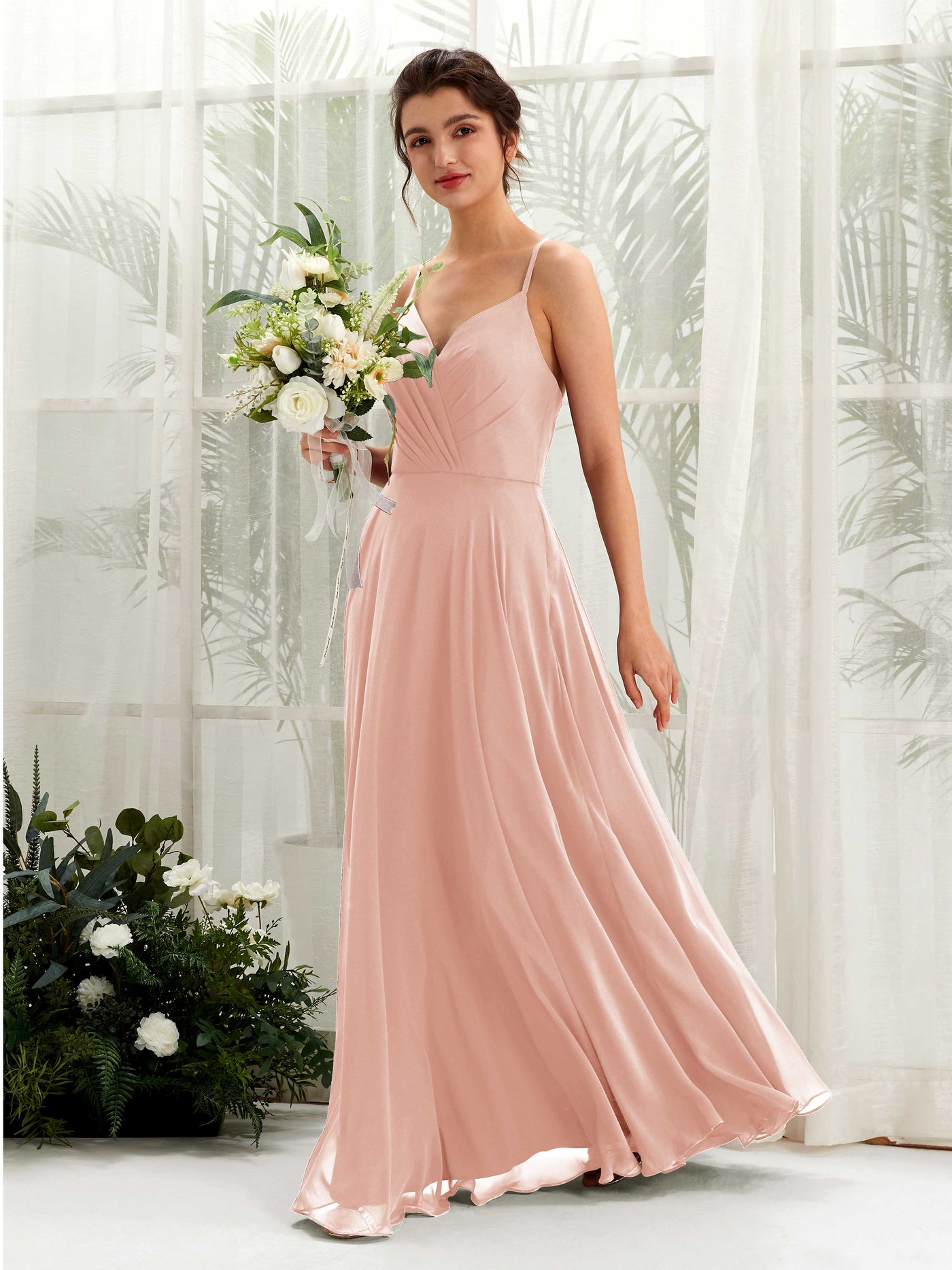 Spaghetti-straps V-neck Sleeveless Bridesmaid Dress - Pearl Pink (81224208)#color_pearl-pink