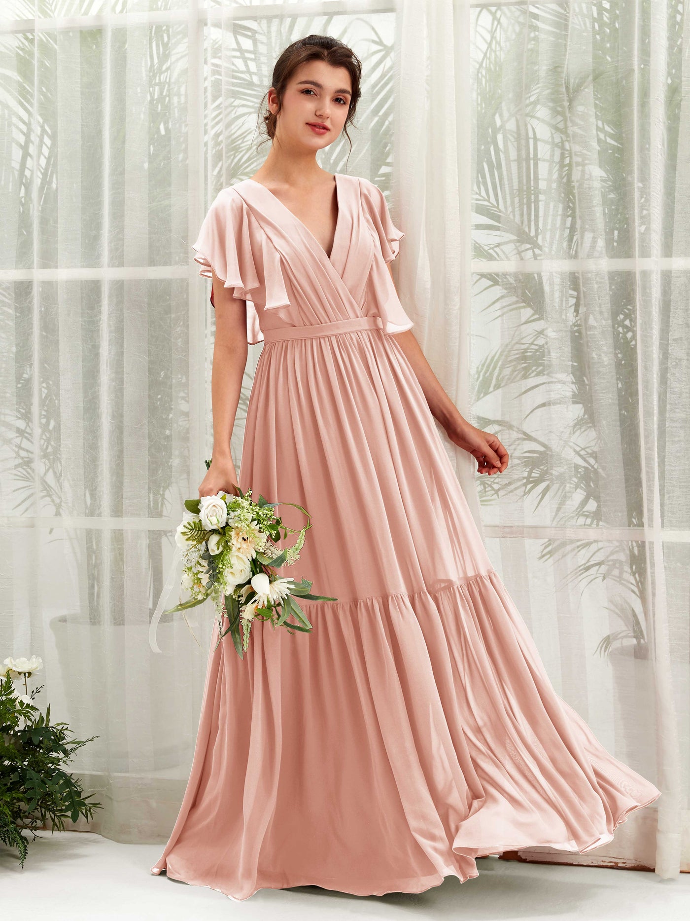 V-neck Cap Sleeves Chiffon Bridesmaid Dress - Pearl Pink (81225908)#color_pearl-pink