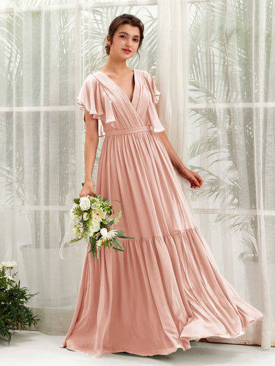 Carlyna Chaya A-Line Pearl Pink Bridesmaid Dress Maxi Cap Sleeve V-Neck Dress Front View #color_pearl-pink