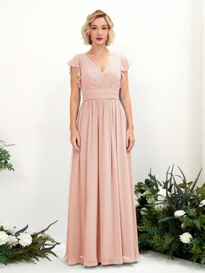 Carlyna Grino A-Line Pearl Pink Bridesmaid Dress Maxi Cap Sleeve V-Neck Dress Front View #color_pearl-pink