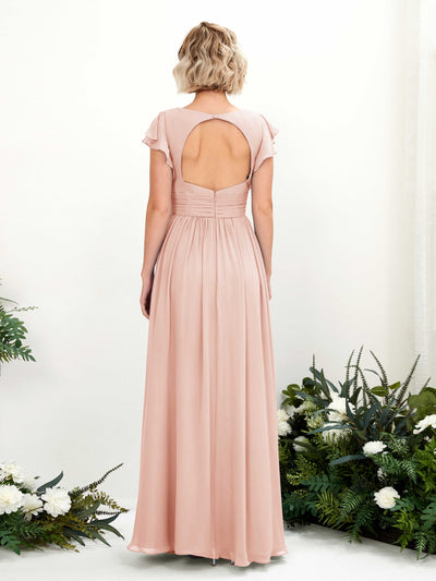 Carlyna Grino A-Line Pearl Pink Bridesmaid Dress Maxi Cap Sleeve V-Neck Dress Back View #color_pearl-pink