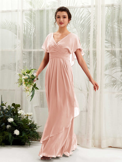 Carlyna Darlene A-Line Pearl Pink Bridesmaid Dress Maxi Short Sleeve V-Neck Dress Front View #color_pearl-pink