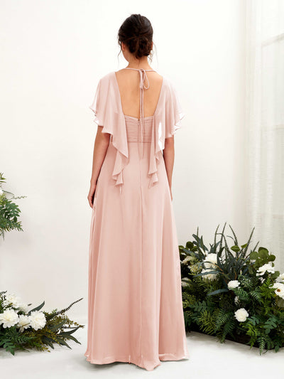 Carlyna Darlene A-Line Pearl Pink Bridesmaid Dress Maxi Short Sleeve V-Neck Dress Back View #color_pearl-pink