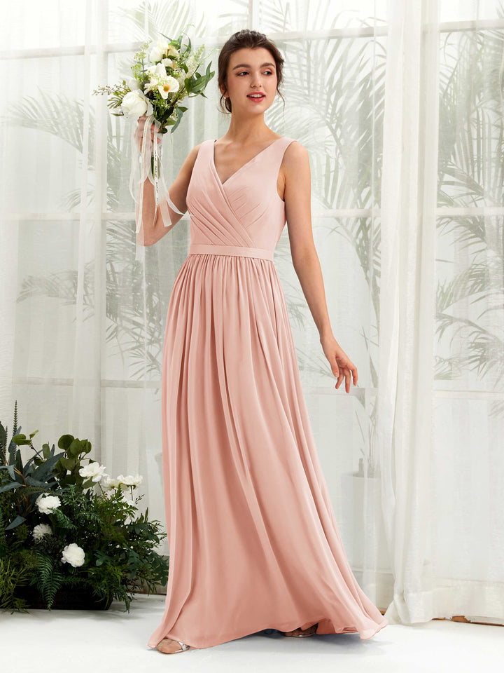 V-neck Sleeveless Chiffon Bridesmaid Dress - Pearl Pink (81223608)
