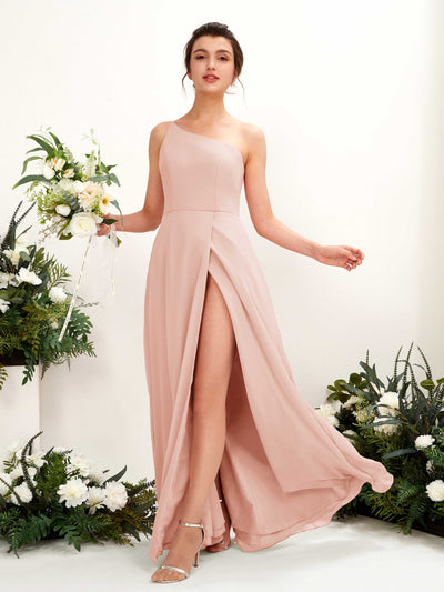 Carlyna Crystal A-Line Pearl Pink Bridesmaid Dress Maxi Sleeveless One Shoulder Dress Front View #color_pearl-pink