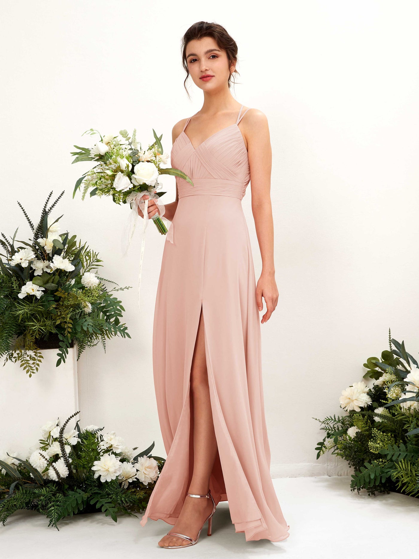 Straps V-neck Sleeveless Chiffon Bridesmaid Dress - Pearl Pink (81225408)#color_pearl-pink