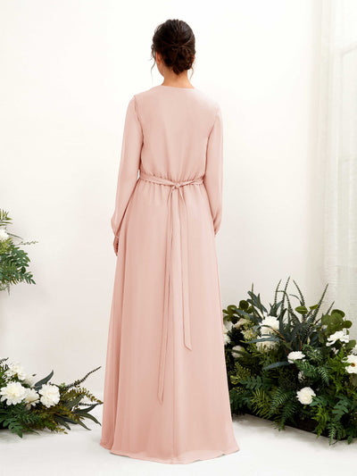 Carlyna Elsie A-Line Pearl Pink Bridesmaid Dress Maxi Long Sleeve V-Neck Back View #color_pearl-pink