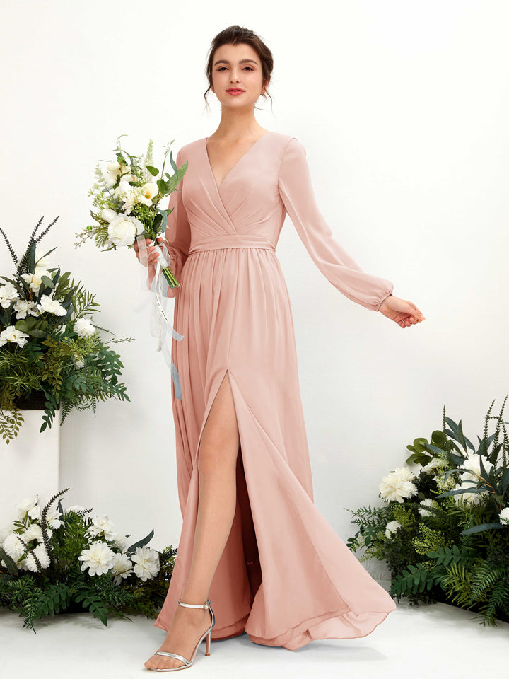 V-neck Long Sleeves Chiffon Bridesmaid Dress - Pearl Pink (81223808)