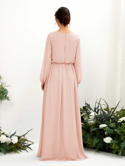Carlyna Ginny A-Line Pearl Pink Bridesmaid Dress Maxi Long Sleeve V-Neck Back View #color_pearl-pink