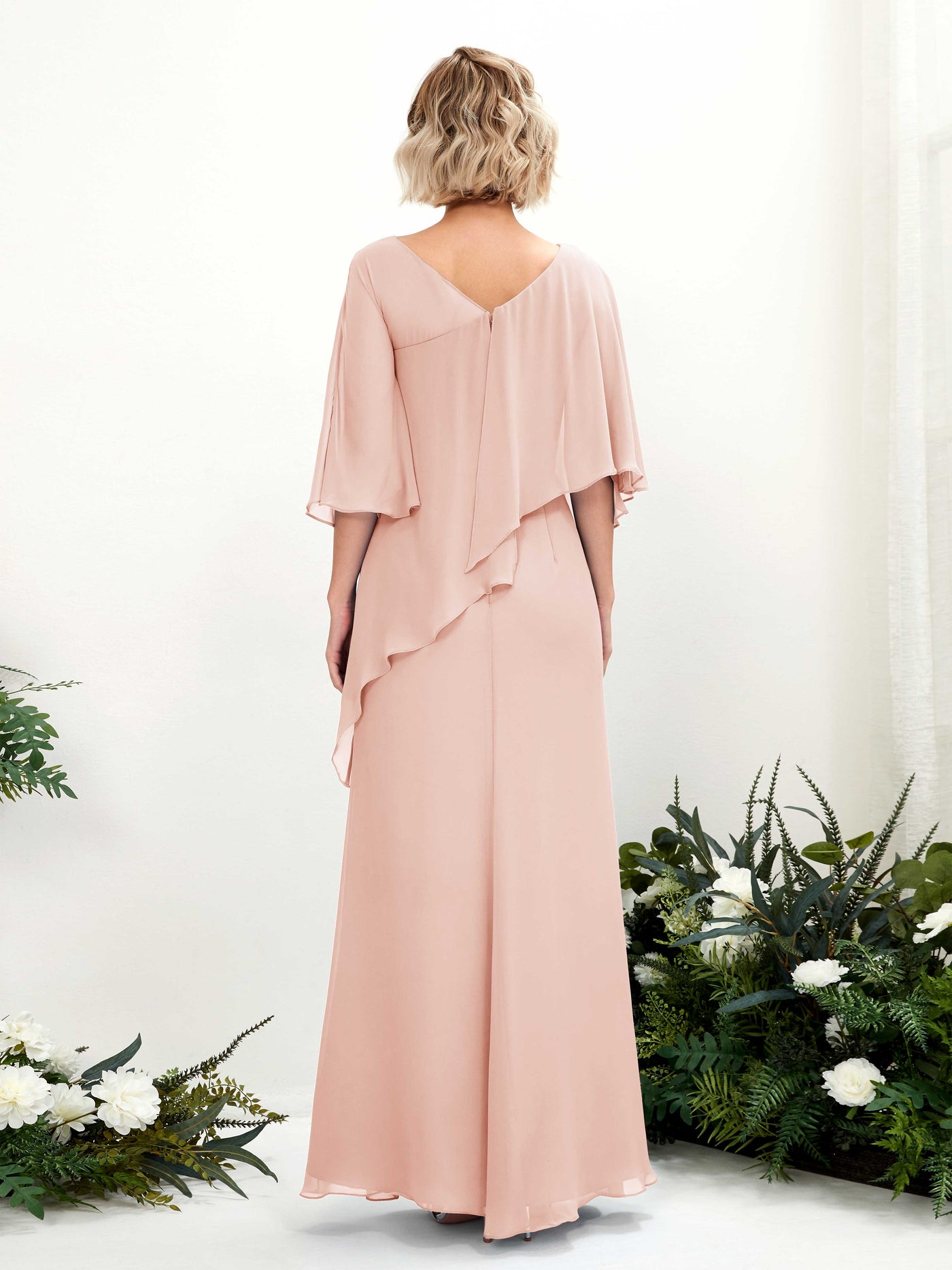V-neck 3/4 Sleeves Chiffon Bridesmaid Dress - Pearl Pink (81222508)#color_pearl-pink