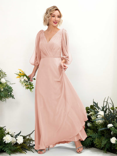 Carlyna Antonia A-Line Pearl Pink Bridesmaid Dress Maxi Three Quarter Sleeve V-Neck Dress Front View #color_pearl-pink