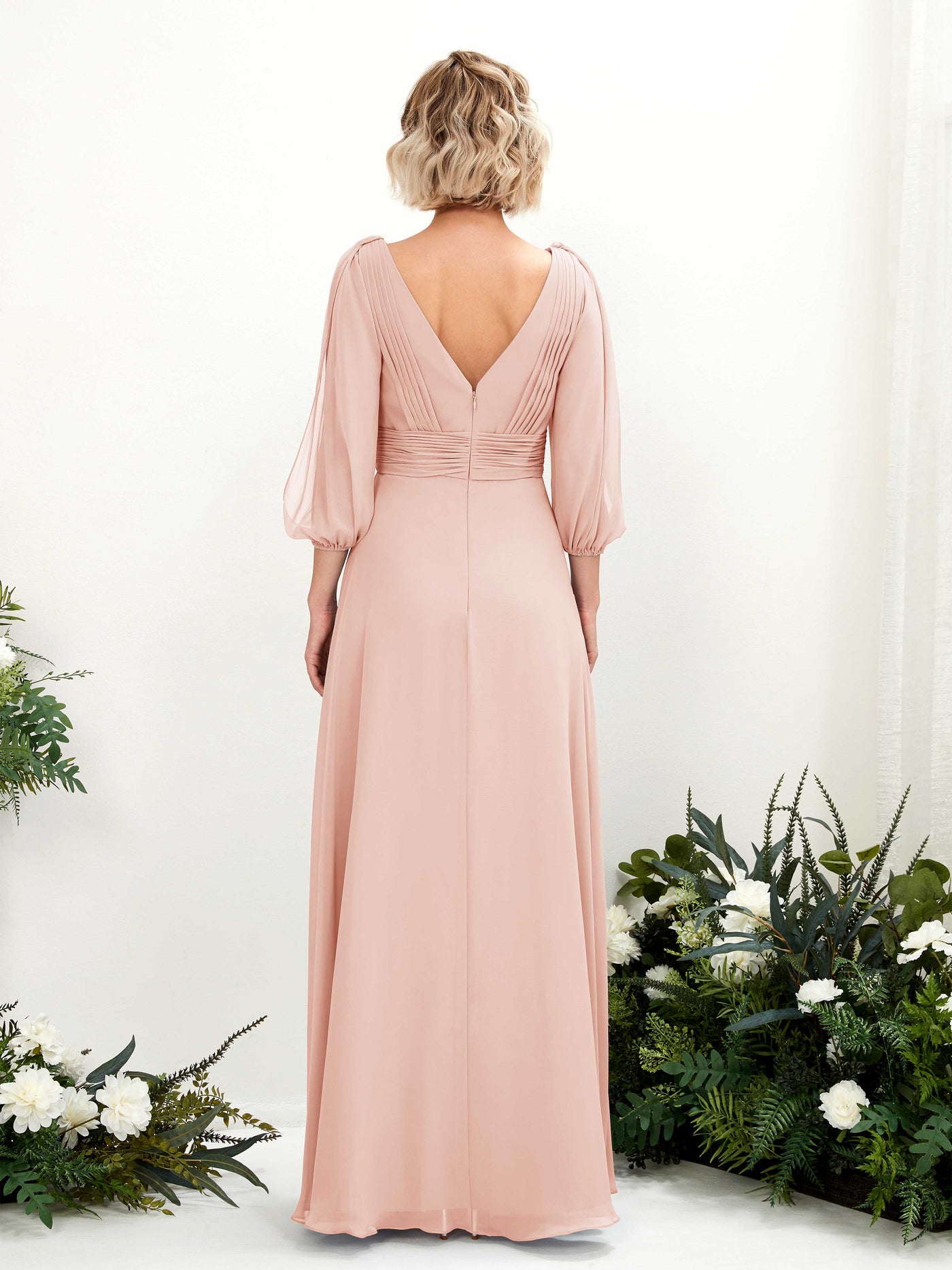 V-neck 3/4 Sleeves Chiffon Bridesmaid Dress - Pearl Pink (81223508)#color_pearl-pink