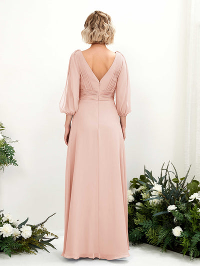 Carlyna Antonia A-Line Pearl Pink Bridesmaid Dress Maxi Three Quarter Sleeve V-Neck Dress Back View #color_pearl-pink