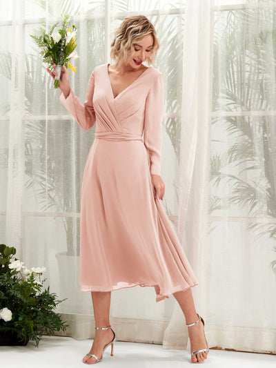 Carlyna Joanna A-Line Pearl Pink Bridesmaid Dress Midi Long Sleeve V-Neck  #color_pearl-pink