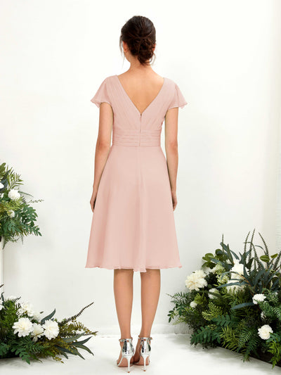 Carlyna Betty A-Line Pearl Pink Bridesmaid Dress Knee-Length Short Sleeve V-Neck Dress Back View #color_pearl-pink
