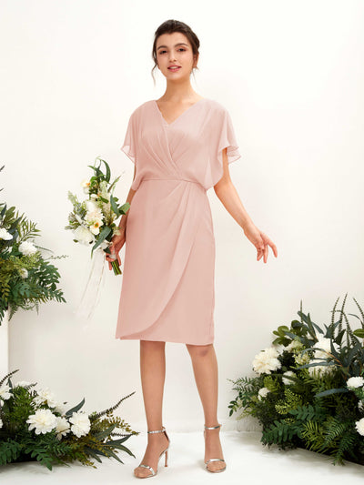 Carlyna Vanessa Sheath Pearl Pink Bridesmaid Dress Knee-Length Cap Sleeve V-Neck Dress #color_pearl-pink