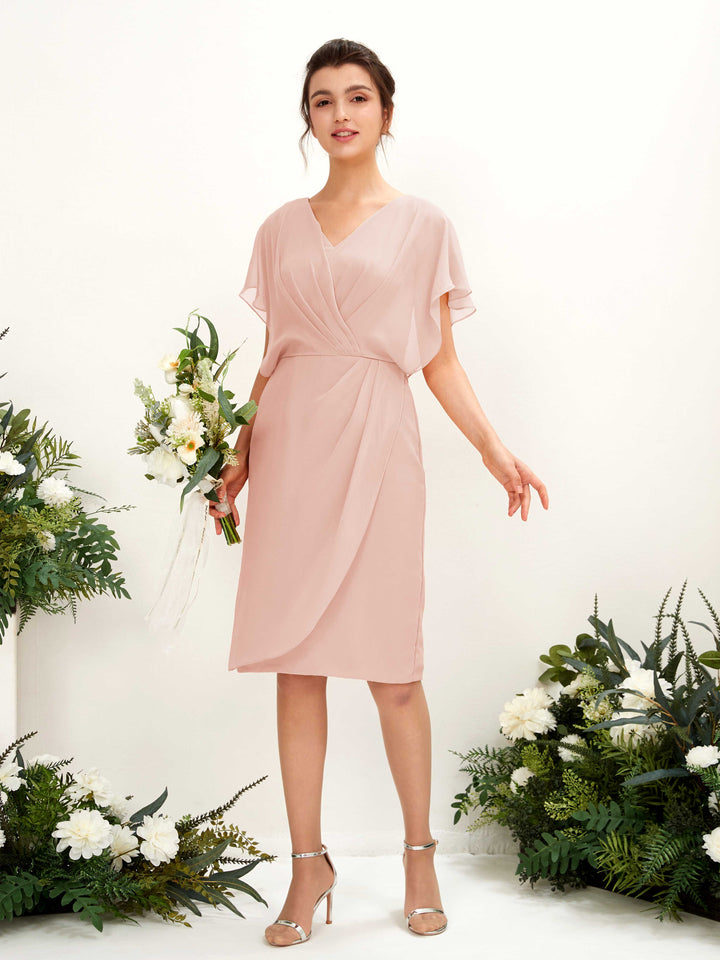V-neck Short Sleeves Chiffon Bridesmaid Dress - Pearl Pink (81222208)