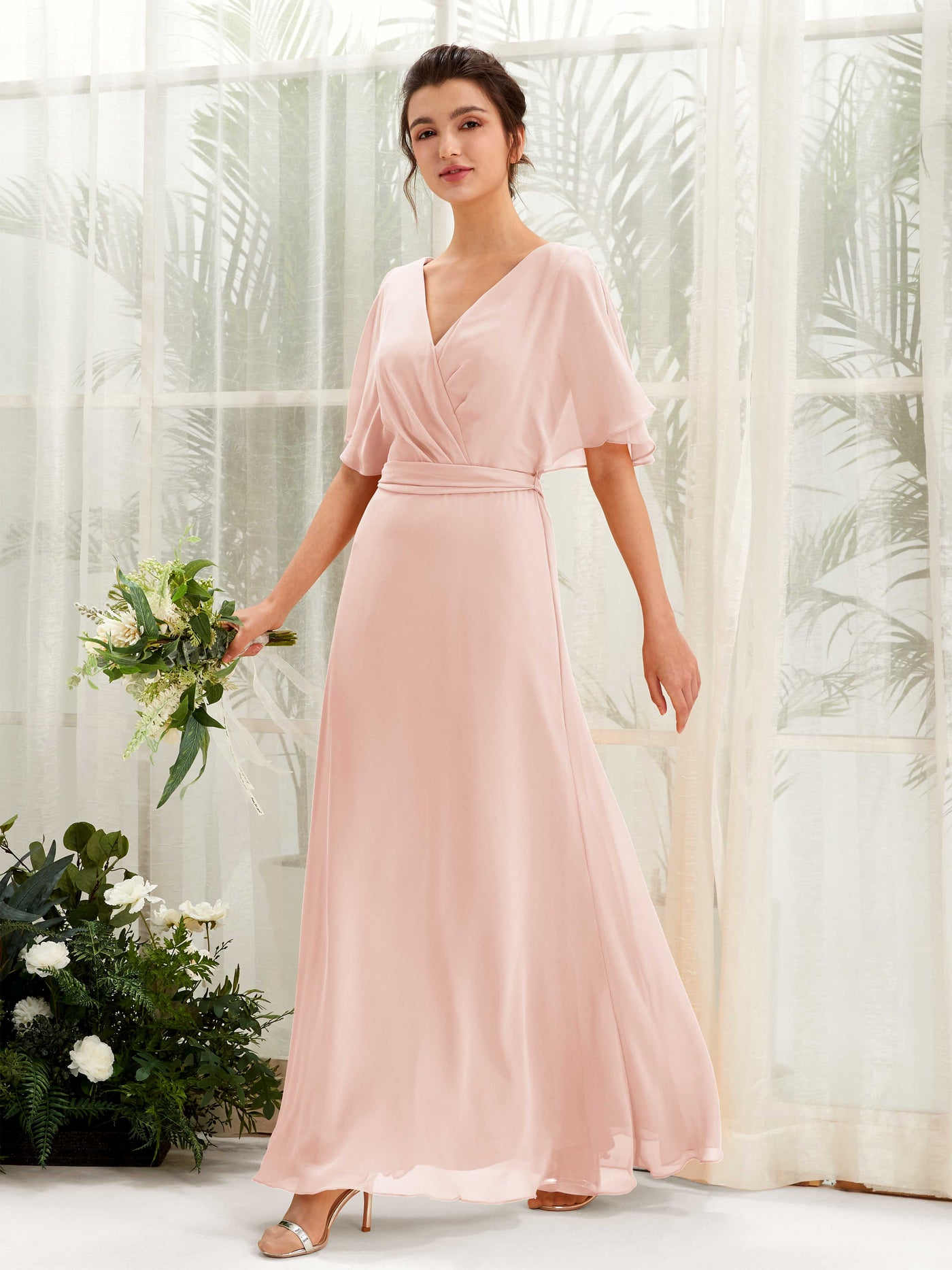 V-neck Short Sleeves Chiffon Bridesmaid Dress - Pearl Pink (81222408)#color_pearl-pink