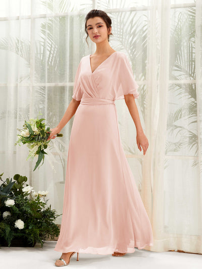 Carlyna Merta A-Line Pearl Pink Bridesmaid Dress Maxi Short Sleeve V-Neck Dress #color_pearl-pink