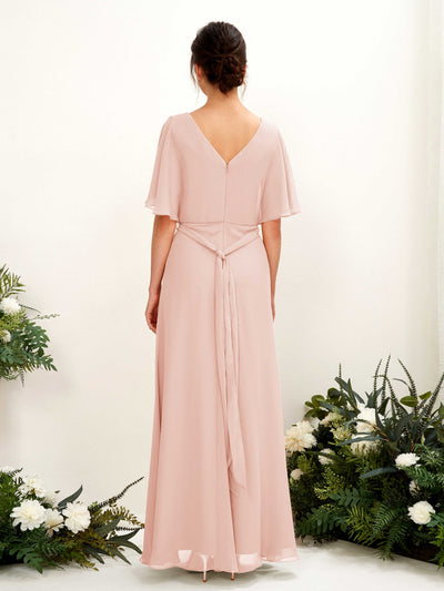 Carlyna Merta A-Line Pearl Pink Bridesmaid Dress Maxi Short Sleeve V-Neck Dress #color_pearl-pink