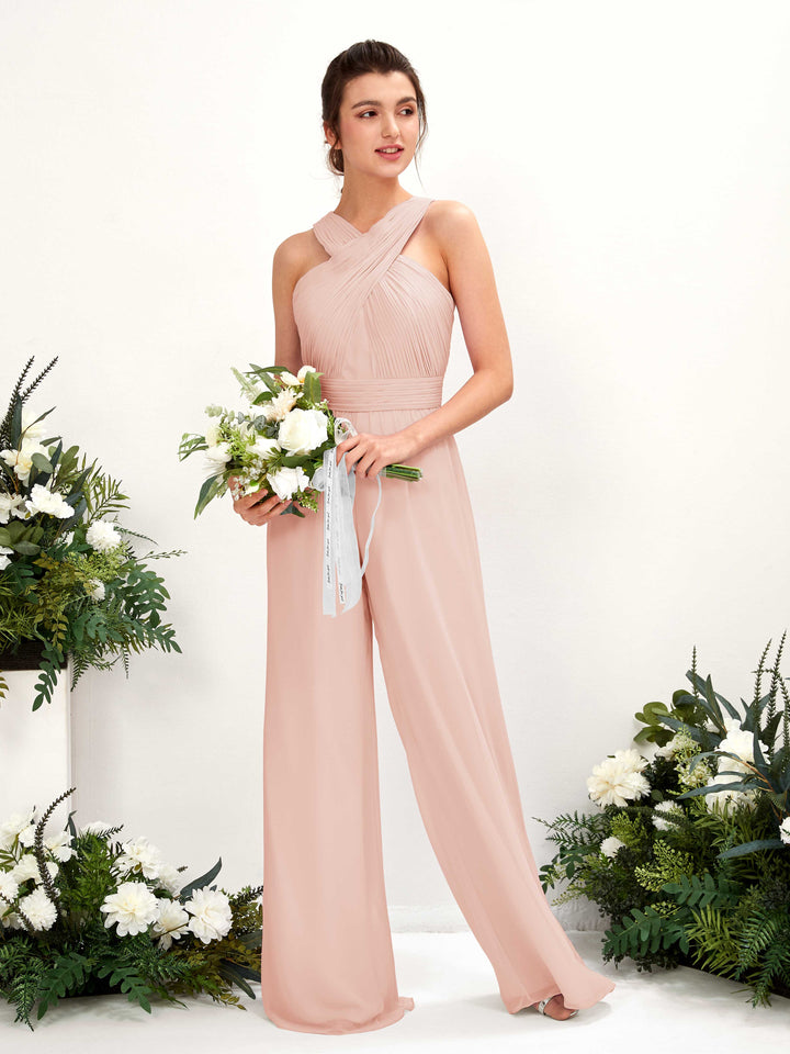V-neck Sleeveless Chiffon Bridesmaid Dress Wide-Leg Jumpsuit - Pearl Pink (81220708)
