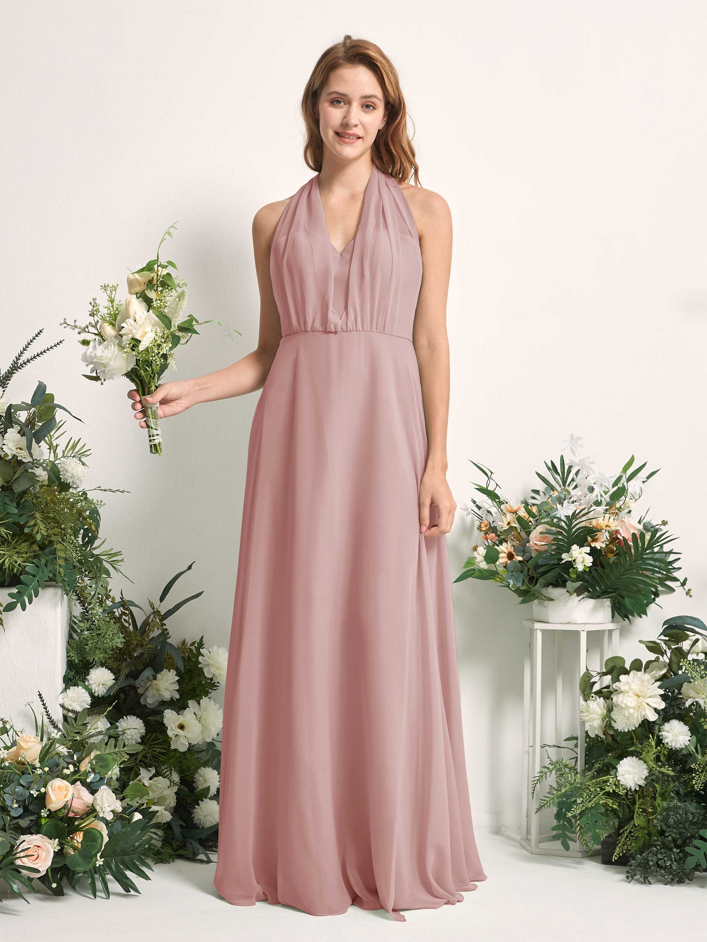 Bridesmaid Dress A-line Chiffon Halter Full Length Short Sleeves Wedding Party Dress - Dusty Rose (81226309)#color_dusty-rose