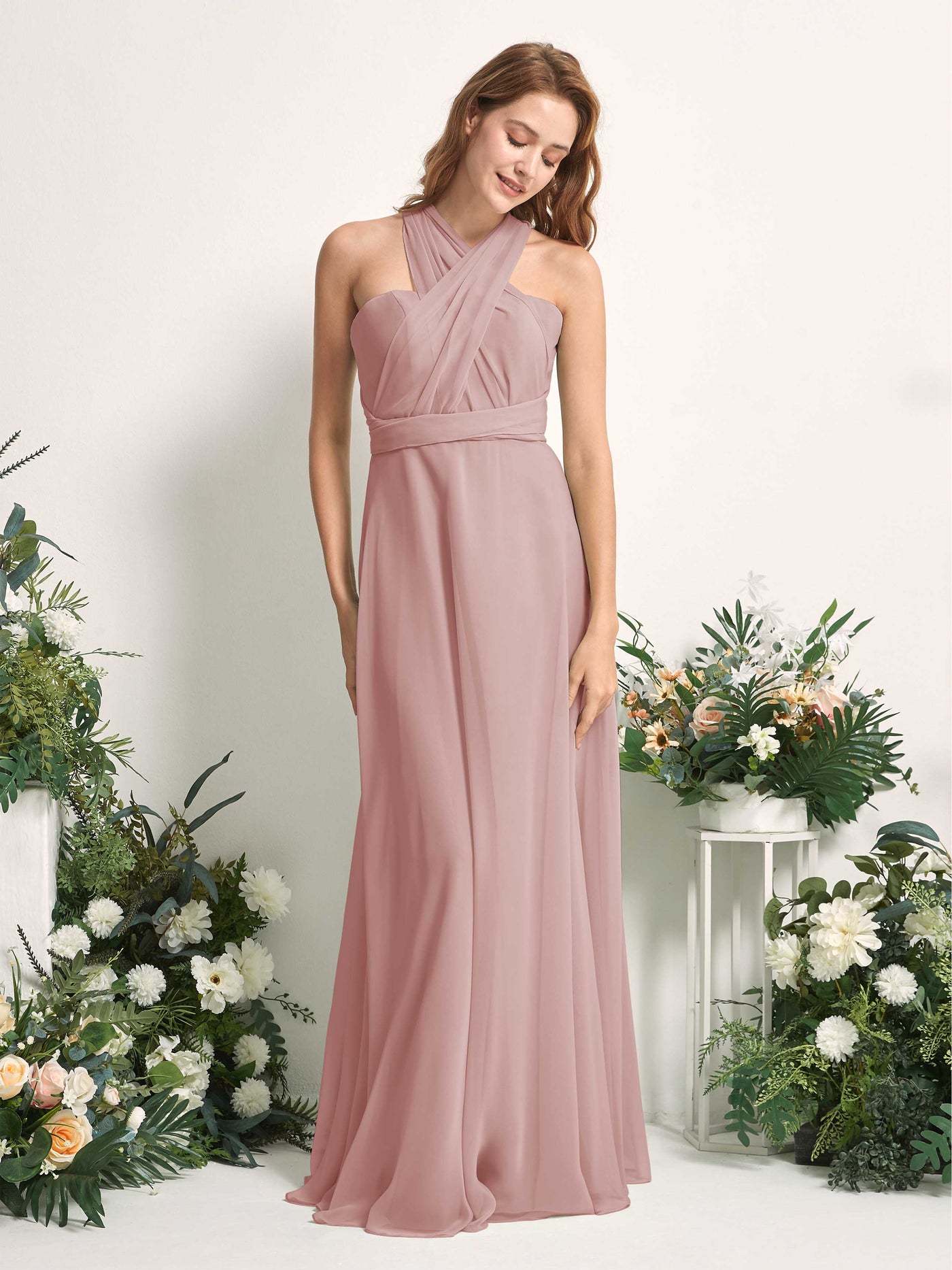 Bridesmaid Dress A-line Chiffon Halter Full Length Short Sleeves Wedding Party Dress - Dusty Rose (81226309)#color_dusty-rose