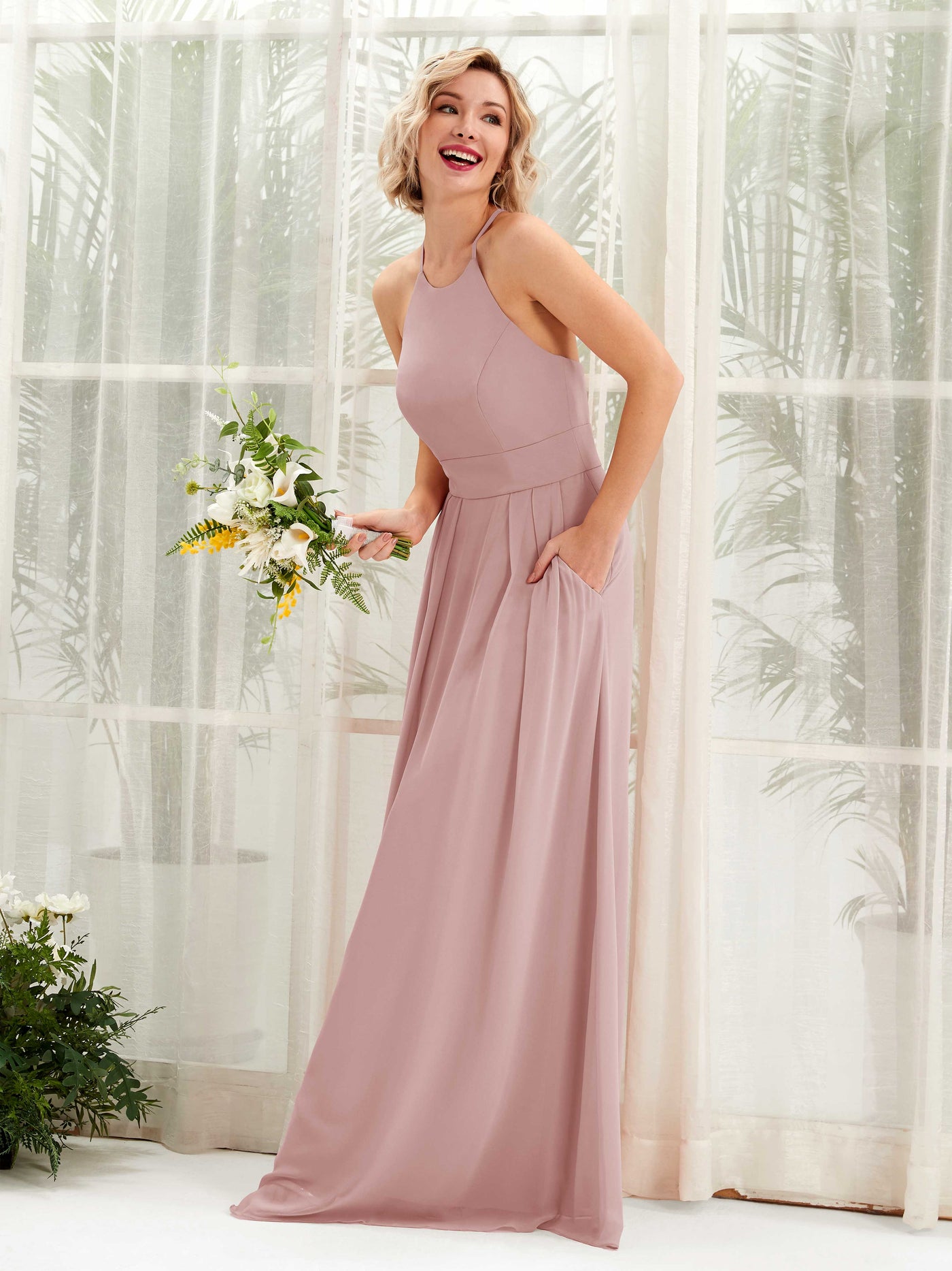 A-line Ball Gown Halter Spaghetti-straps Sleeveless Bridesmaid Dress - Dusty Rose (81225209)#color_dusty-rose