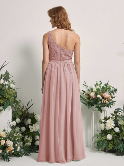 Carlyna Bonita A-Line Dusty Rose Embroidered Bridesmaid Dress Maxi Sleeveless One Shoulder Dress Back View #color_dusty-rose