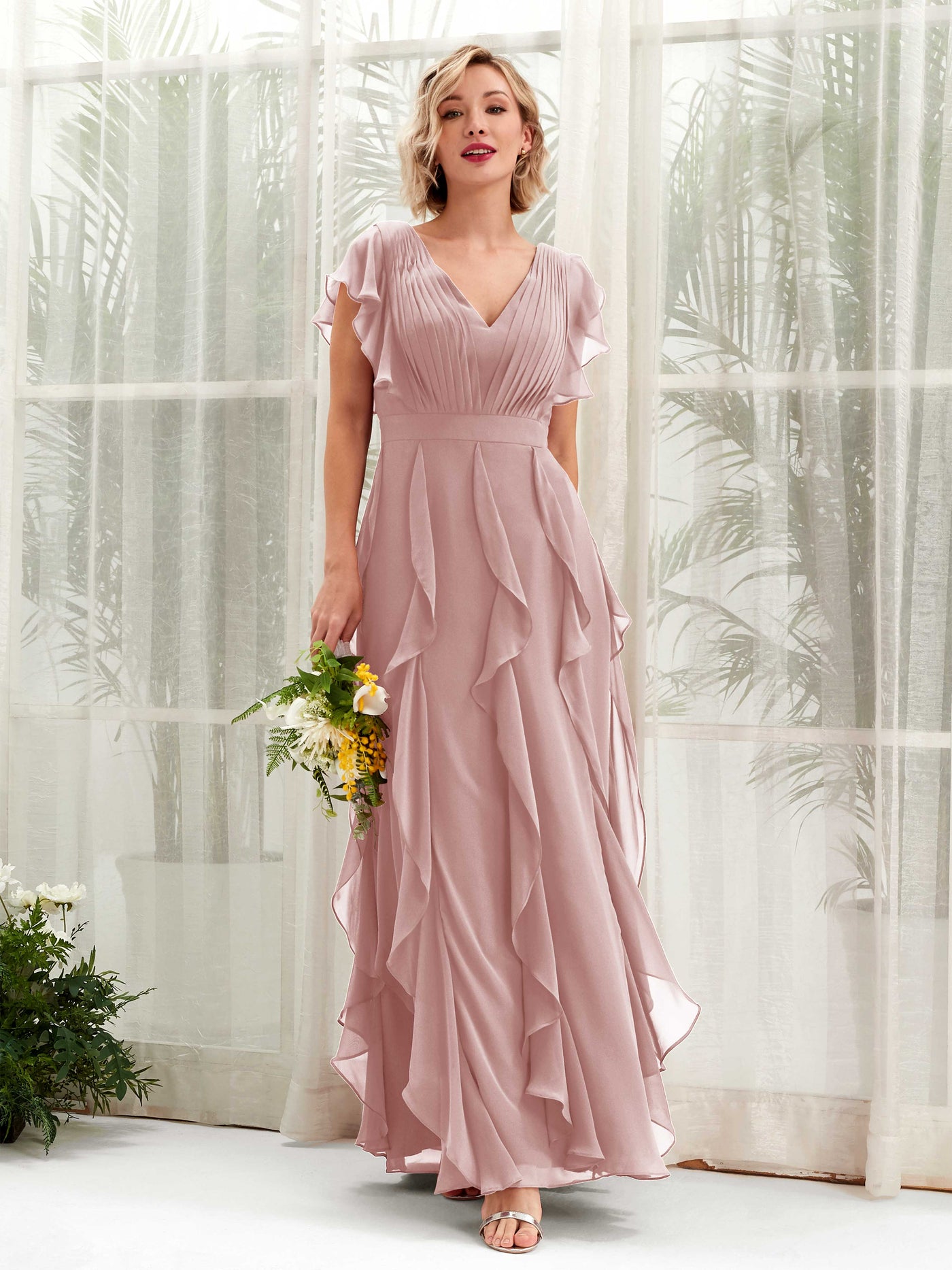A-line V-neck Short Sleeves Chiffon Bridesmaid Dress - Dusty Rose (81226009)#color_dusty-rose