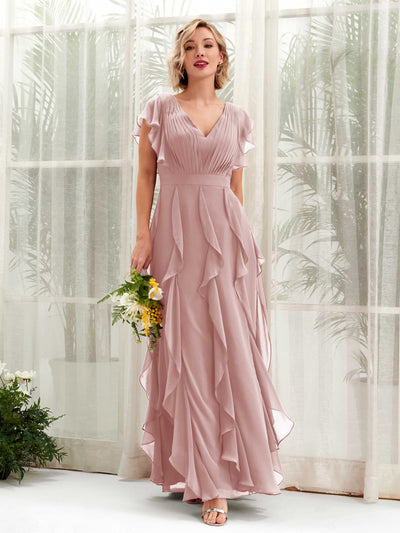 Carlyna Cynthia A-Line Dusty Rose Bridesmaid Dress Maxi Cap Sleeve V-Neck Dress Front View #color_dusty-rose