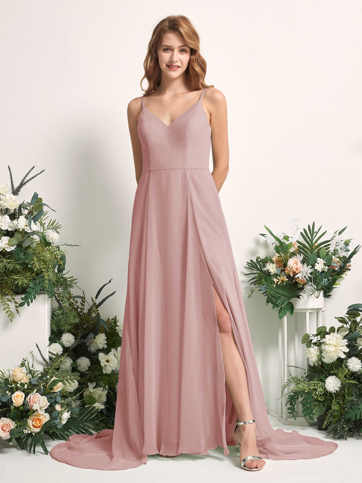 Bridesmaid Dress A-line Chiffon Spaghetti-straps Full Length Sleeveless Wedding Party Dress - Dusty Rose (81227709)#color_dusty-rose