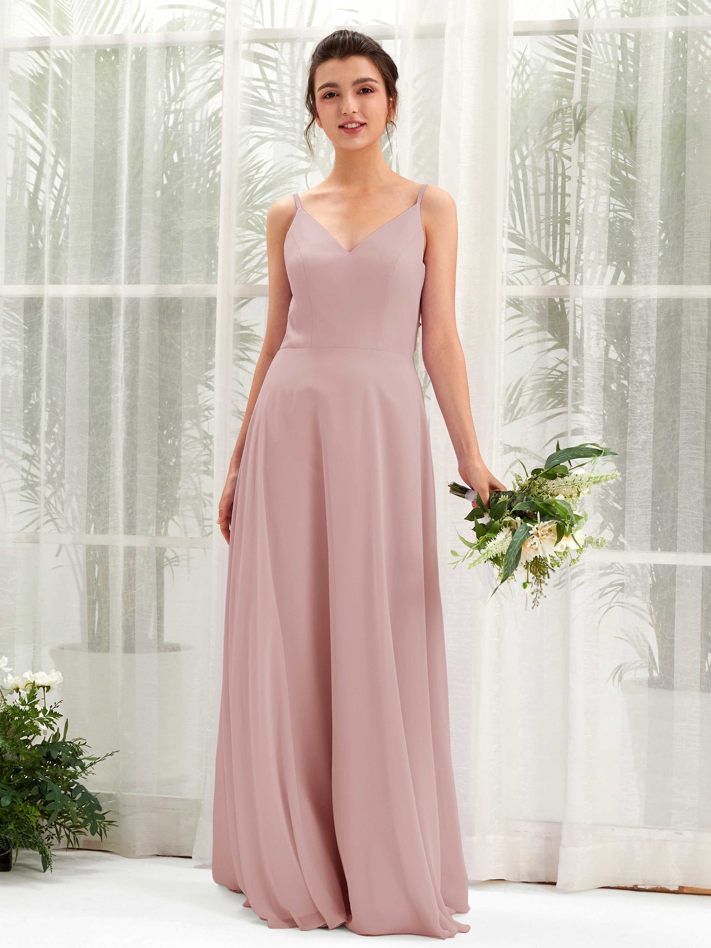 A-line Spaghetti-straps V-neck Sleeveless Chiffon Bridesmaid Dress - Dusty Rose (81220609)#color_dusty-rose