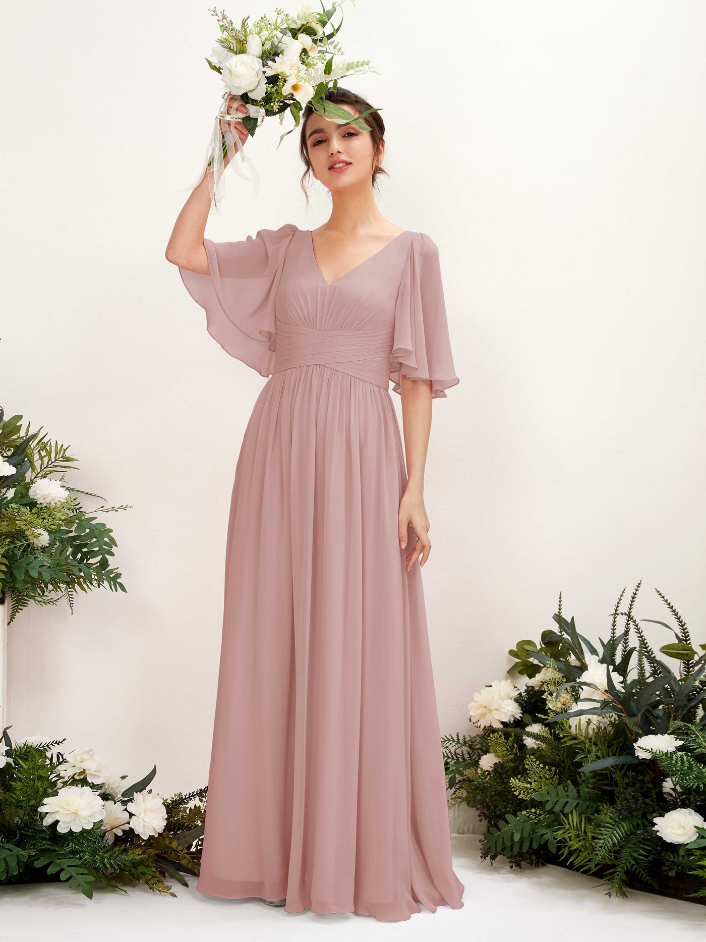 A-line V-neck 1/2 Sleeves Chiffon Bridesmaid Dress - Dusty Rose (81221609)#color_dusty-rose