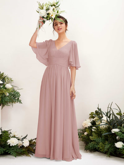 Carlyna Odette A-Line Dusty Rose Bridesmaid Dress Maxi Short Sleeve V-Neck Dress #color_dusty-rose