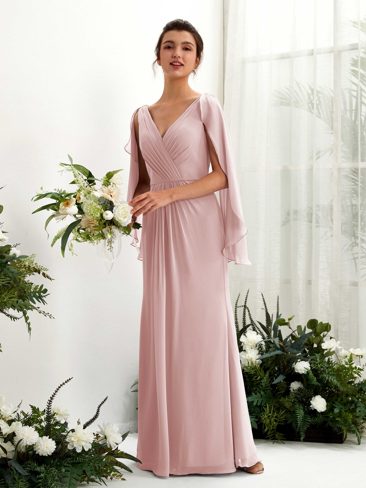 A-line V-neck Chiffon Bridesmaid Dress - Dusty Rose (80220109)#color_dusty-rose