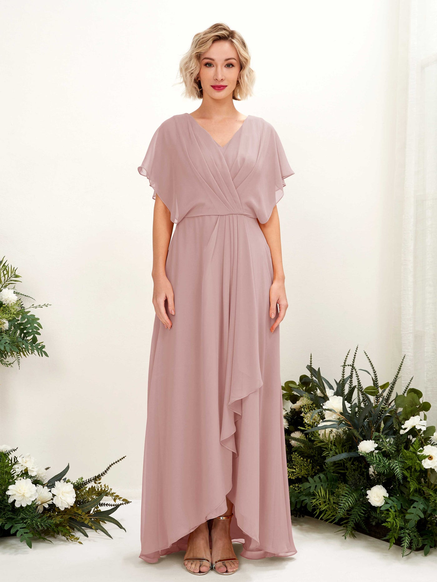 A-line V-neck Short Sleeves Chiffon Bridesmaid Dress - Dusty Rose (81222109)#color_dusty-rose