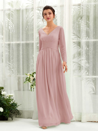 Carlyna Coline A-Line Dusty Rose Bridesmaid Dress Maxi Long Sleeve V-Neck Front View #color_dusty-rose